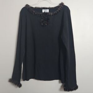 Vintage Bonnie And Bill By Holly Black Sweater Hand Spun Silk Mink Trim Large